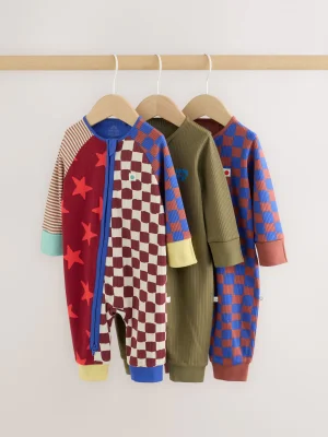Multi Checkerboard Two Way Zip Baby Sleepsuits 3 Pack (0mths-3yrs) - Size First Size