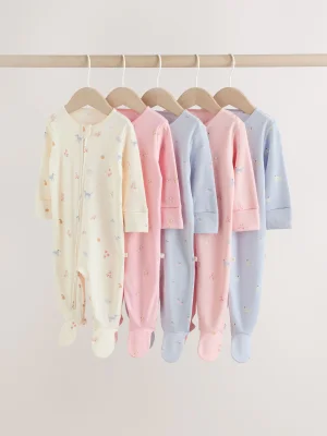 Multi Pastel Character 5 Pack Two Way Zip Baby Sleepsuits
