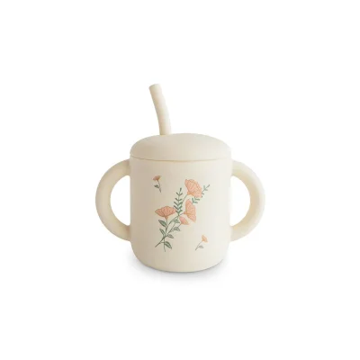 Mushie Training Cup + Straw - Pink Flowers