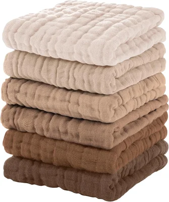 Muslin Cloths for Baby 100% Cotton Muslin Squares Baby Wash Cloth Baby Essentials for Newborn Boys Girls Large 30x30CM Extra Soft and Absorbent - Gradient Coffee / 6 Pack 30 x 30 cm
