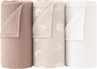 Muslin Swaddle Blankets 100% Cotton Baby Swaddle Cloths 96x100cm, 3 Pack Large Soft Muslin Blankets for Newborn Baby Boys Girls (Cream Moon)
