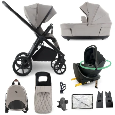 My Babiie MB450 Luxe 3in1 Travel System with Rotating Car Seat + Base - Feather