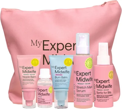 My Expert Midwife Mum to Be Pregnancy and Postnatal Maternity Essentials for hospital bag with Fantastic Skin Elastic, Peri Prep Your Bits, Spritz for Bits, No Harm Nipple Balm & No Harm Bum Balm - 150ml Spray & 30ml Oil (Pack of 2)