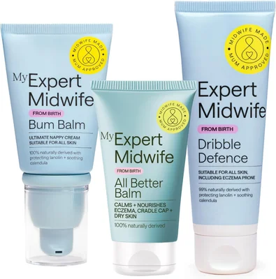 My Expert Midwife Newborn Baby Mega Mild Skin Saviours Kit, Clean Natural Ingredients, Suitable for Sensitive Skin + Fragrance Free, Set of 3 with Baby Nappy Cream, All Better Balm, Dribble Defence