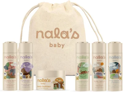 Nala's Baby Adventure Bundle | Body Wash & Shampoo, Body Lotion, Bubble Bath, Conditioner, Body Butter, Nighttime Oil | Cotton Drawstring Toiletry Bag | Award-winning | Nalas Baby - Default
