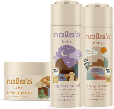 Nala's Baby Skin Bundle | Body Butter, Body Lotion, Nighttime Oil | Award-winning | Dermatologically-tested and Paediatrician-approved | Tear-Free | Soothing Oat and Shea Butter | Vegan | Nalas Baby - Default