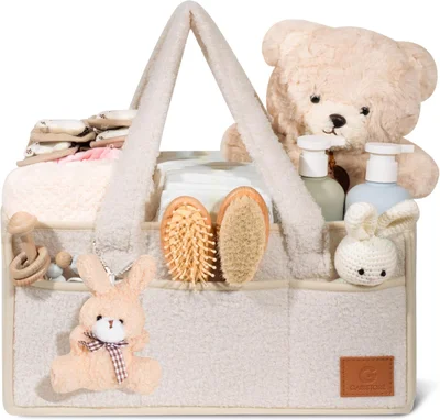 GABI STORE Nappy Caddy Organiser Changing Basket Baby Essentials Baby Hamper Basket Portable Travel Bag Luxury Soft Fabric Rabbit Key Ring Detachable Compartments Large Capacity Long Handles