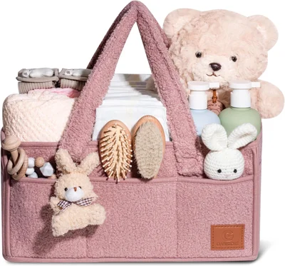GABI STORE Nappy Caddy Organiser Changing Basket Baby Essentials Baby Hamper Basket Portable Travel Bag Luxury Soft Fabric Rabbit Key Ring Detachable Compartments Large Capacity Long Handles