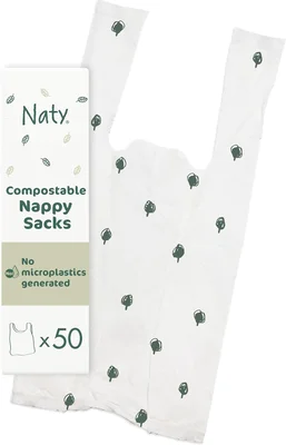 Naty compostable nappy bags | Easy tie handles | Fragrance-free nappy sacks for baby nappy changing & disposal, travel and pet waste |Plant-based bags for prams | On-the-go use | 50 count - 50 count (Pack of 1)