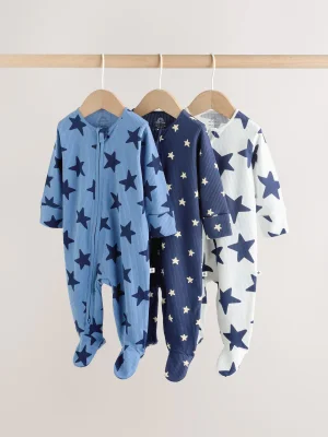 Navy Star Two Way Zip Baby Sleepsuits 3 Pack (0-2yrs) - Size 5lb