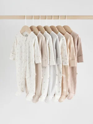 Neutral 7 Pack Two Way Zip Baby Sleepsuits (0-2yrs)