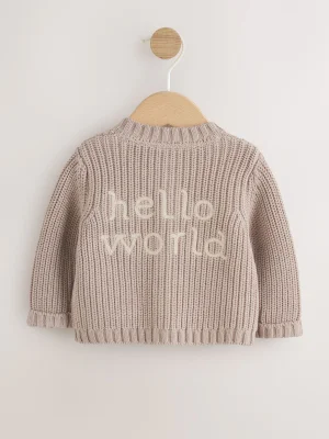 Neutral Hello World Knitted Embroidered Baby Cardigan - Size First Size