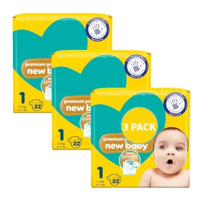 New Baby Size 1, 66 Newborn Nappies (3 Packs of 22) Premium Protection - White / Size 1 (3 x 22 Count)