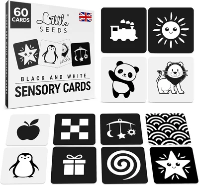 Newborn Essentials Black and White Baby Sensory Cards 60 High Contrast Baby Flash Cards Visual Skills and Stimulation for Newborn Babies 0-3 Months - UK Brand - Large