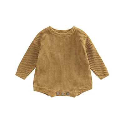 Newborn Sweater Romper Baby Girl Boy Long Sleeve Crew Neck Chunky Knitted Jumper Crotch Button Bodysuit Infant Toddler Fall Winter Clothes
