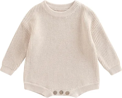 Newborn Sweater Romper Baby Girl Boy Long Sleeve Crew Neck Chunky Knitted Jumper Crotch Button Bodysuit Infant Toddler Fall Winter Clothes - Light Milk White / 0-3 Months