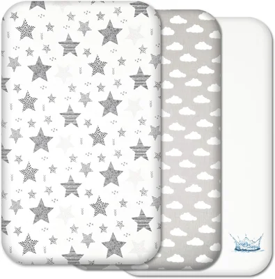 Next to Me Crib Sheets - 3pc Crib Fitted Sheet Set - 2 Fitted Cotton Sheets and 1 Waterproof Mattress Protector for Bedside Cribs - 100% Organic Cotton - Made in Europe (Grey Stars&Clouds, 83x50cm) - 83x50cm