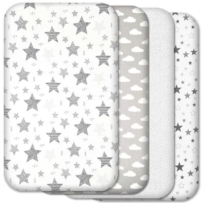 Next to Me Crib Sheets – 4 Pack Baby Crib Fitted Sheets Set - 100% Cotton, Soft & Breathable, to fit Bedside Cribs - Made in Europe – 83 x 50 cm (Grey Patterns, 83x50cm)