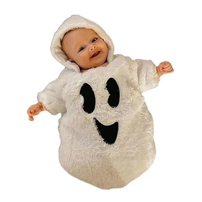 Nicoxijia Newborn Baby Girl Boy Halloween Ghost Costume Long Sleeve Hoodie Romper Jumpsuit Fall Winter Baby Halloween Outfit (White, 0-3 Months) - White / 0-3 Months