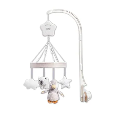 Nuby Penguin Musical Cot Mobile for Babies – Spinning Baby Mobile with Adjustable Arm to Fit Most Cots | Calming Lullabies | Plush Toys