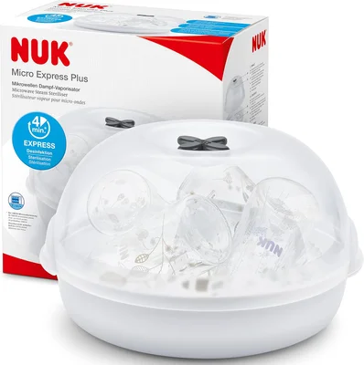 NUK Micro Express Plus Microwave Bottle Steriliser | Sterilises up to 4 Baby Bottles & Accessories in 4 Minutes | Fits Most Microwaves | Tongs for Hygienic Removal - Default
