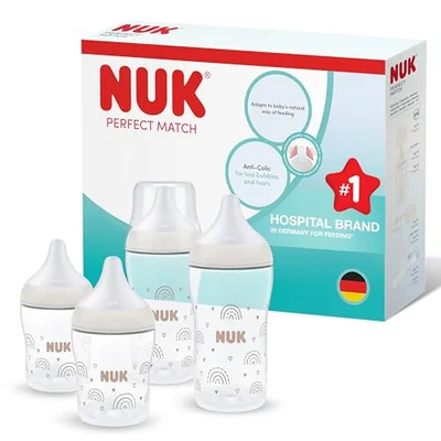 NUK Perfect Match Baby Bottles Set | 0+ Months | Adapts to Baby's Palate | Temperature Control | Anti Colic Vent | 150 ml | BPA-Free | Small Silicone Teat | Rainbow | 4 Count