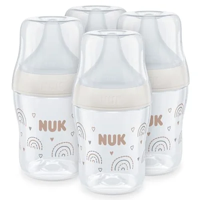 NUK Perfect Match Baby Bottles Set | 0+ Months | Adapts to Baby's Palate | Temperature Control | Anti Colic Vent | 150 ml | BPA-Free | Small Silicone Teat | Rainbow | 4 Count - Neutral / Bottle Set: 4 x 150ml Bottles