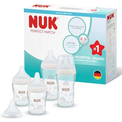 NUK Perfect Match Glass Baby Bottles Set | 0+ Months | 120ml & 230ml | Anti Colic Feeding Bottle | Temperature Control Indicator | Rainbow | 4 Count