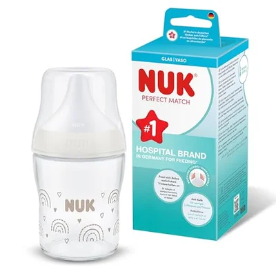 NUK Perfect Match Glass Baby Bottles Set | 0+ Months | 120ml & 230ml | Anti Colic Feeding Bottle | Temperature Control Indicator | Rainbow | 4 Count