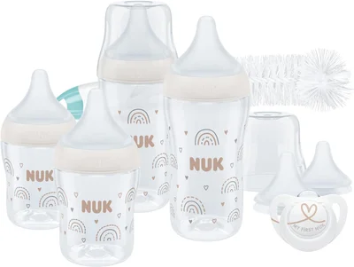 NUK Perfect Match Perfect Start Baby Bottles Set | 0-6+ Months | Adapts to Baby's Palate | 4 x Anti Colic Baby Bottles, Dummy, Bottle Brush & More | BPA-Free | 9 Count