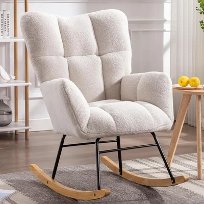 Nursing Rocking Chair, Teddy Glider Chair for Nursery, Comfy Living Room Armchairs with High Backrest for Adults - Ivory
