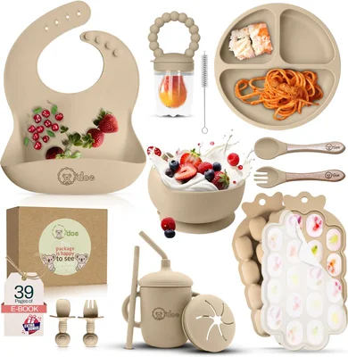 O'doe Baby Weaning Set – 15 Pcs Silicone Baby Feeding Set with Suction Plate, Bowl, Bib, Sippy Cup, Fruit Feeder, Freezer Tray – Baby Plates and Bowls Set – BPA Free | 6M+