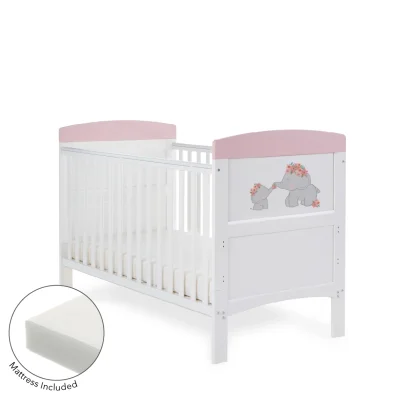Obaby Grace Inspire Cot Bed & Fibre Mattress Me & Mini Me Elephants