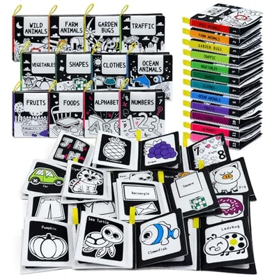 OKOOKO 12 Pack Soft Baby Book, Bath Book, Baby Crinkle Books, Black and White High Contrast Toy, Washable Nontoxic Educational Learning Toy
