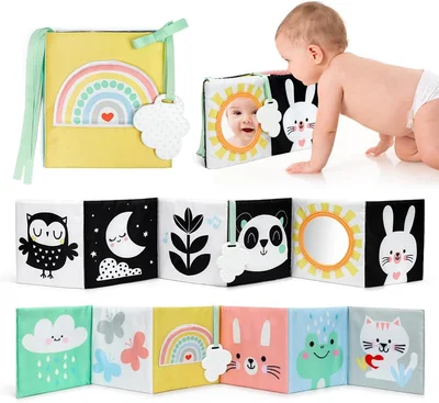 OKOOKO Pram Book, Baby Soft Book, Double-sided Tummy Time Sensory Book, Tummy Time Toy, Black and White High Contrast Sensory Toys, Montessori Sensory Toy, Fabric Book, Early Education for 0-6 Months