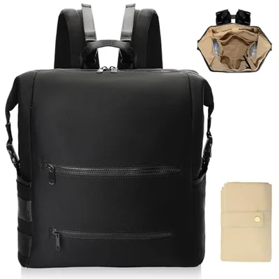 Omanmoli Diaper Bag Backpack,Large Neoprene Baby Bag for Boys Girls with 15 Diaper Bag Organizer,2 Insulated Pockets,Changing Pad,Stroller Straps,Black - Black / L