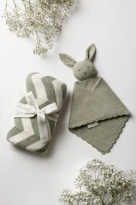 Organic Cotton Baby Blanket & Bunny Bundle - Sage Chevron