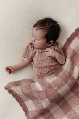 Organic Cotton Gingham Knit Baby Blanket - Rose/Oat