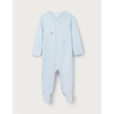 Organic Cotton Hot Air Balloon Embroidered Sleepsuit (0–24mths) - Pale Blue / 0-24m
