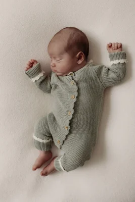 Organic Cotton Moss Stitch Tipped Baby Romper - Sage