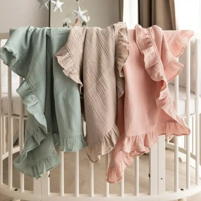 Organic Cotton Ruffled Muslin Baby Swaddle Blanket - 4 Colours - Default