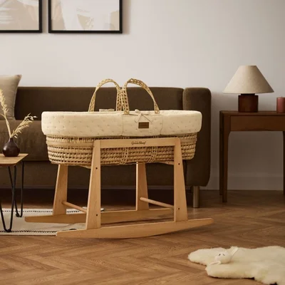 Organic Dimple Quilt Moses Basket, Mattress & Natural Rocking Stand Linen