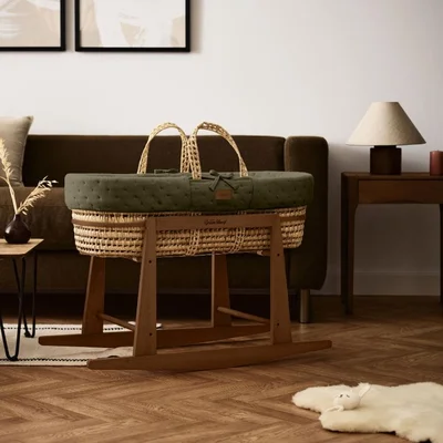 Organic Dimple Quilted Moses Basket, Mattress & Walnut Rocking Stand Juniper — image 2