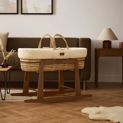 Organic Dimple Quilted Moses Basket, Mattress & Walnut Rocking Stand - Walnut