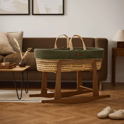 Organic Knitted Moses Basket, Mattress & Walnut Rocking Stand Juniper - Default