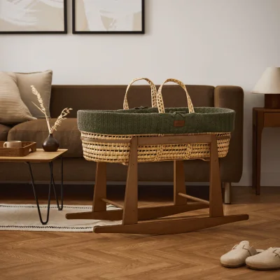 Organic Knitted Moses Basket, Mattress & Walnut Rocking Stand Juniper - Walnut