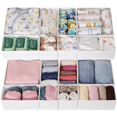 ORLISA 16 Pack Drawer Organiser Set for Hemnes Dressers, Fabric Drawer Dividers & Wardrobe Organisers for Clothes Storage, Underwear, Socks & Baby Clothes, White - 16 Pack (4L+8M+4S)