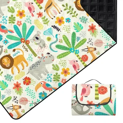 Outplea Zoo Picnic Blanket 200x200cm Waterproof for Family Kids, Large Padded Quilted Picnic Mat Outdoor Rug Sandproof for Camping Beach Garden, Machine Washable - Multi Color / 200 x 200 cm