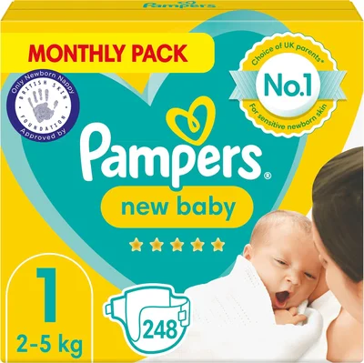 Pampers Baby Nappies Size 1 (2-5kg), New Baby, 248 Nappies, Monthly Savings Pack, Pampers #1 Protection for Sensitive Newborn Skin