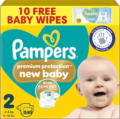 Pampers Premium Protection New Baby Size 2, 240 Nappies, 4kg-8kg, Monthly Pack, The Only Newborn Nappy Approved by British Skin Foundation - Size 3 / Size 3, 204 Nappies + Harmonie Aqua Baby Wipes